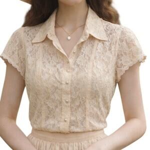 Vtg Y2K Lace Button Up Blouse Cap Sleeve Collared SZ L Cottagecore Prairiecore